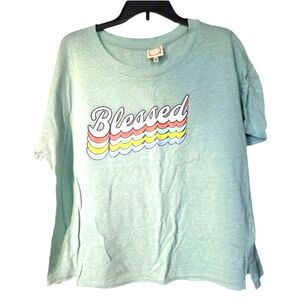 Truself Blessed Graphic Women's Short Sleeve Crop Tee in Light Green Plus 1X EUC